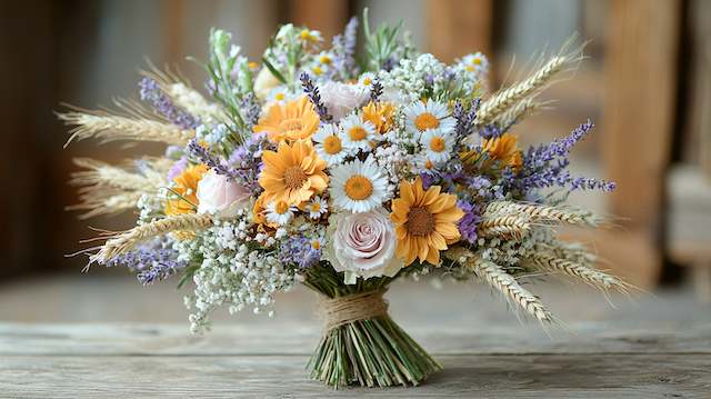 Rustic Wheat Bridal Bouquet Rustic wheat and wildflower bridal bouquet with daisies, lavender, and wheat stalks tied in twine for a countryside wedding look