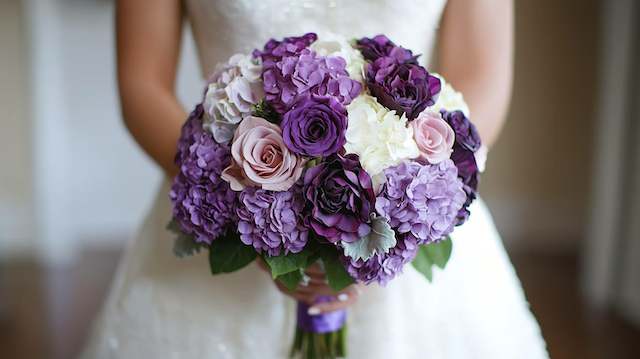 Silk Flower Bridal Bouquet Purple and lavender hydrangea bridal bouquet with soft pink roses and white accents, creating a romantic elegant wedding look