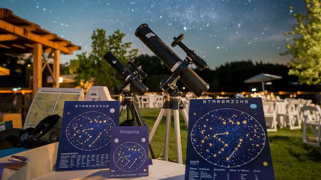 Outdoor stargazing station with telescopes and star maps under the Milky Way, wedding reception tables softly lit in the background.