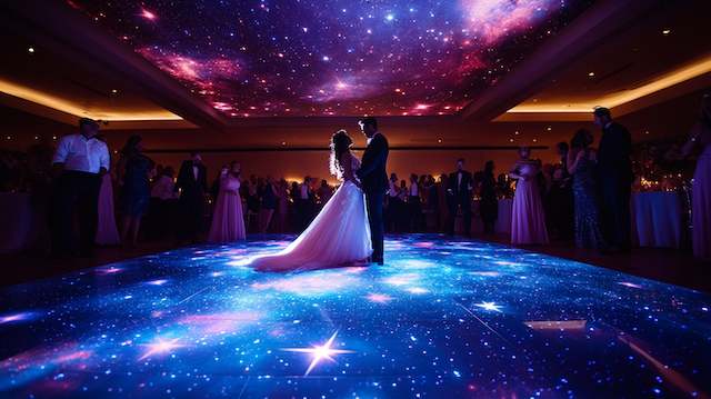Bride and groom share first dance beneath a galaxy ceiling projection with stars as guests look on in a dimly lit ballroom.