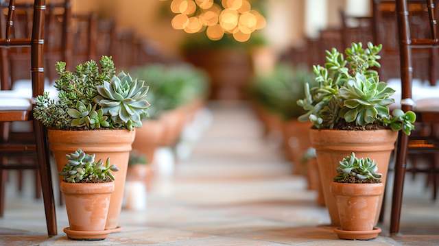 Succulent Arrangements Rustic wedding aisle with terracotta pots of succulents lining ceremony space for eco-friendly, sustainable decor