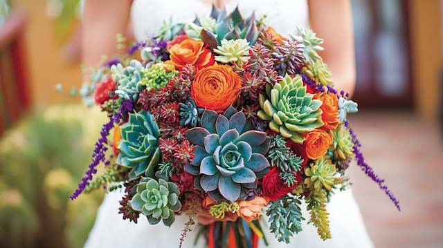Succulent-filled Bouquet Vibrant succulent bridal bouquet featuring echeveria, orange ranunculus, and purple accents in a bold, modern design
