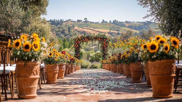 Sunflower Arrangements Tuscan vineyard wedding aisle with terracotta pots of sunflowers, colorful floral arch, and rolling hills backdrop
