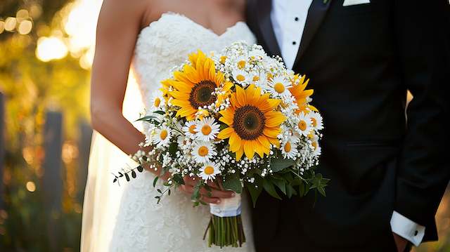 Sunflower and Daisy Mix Bridal Bouquet Miniature sunflower bridal bouquet with yellow blooms, baby’s breath, and greenery wrapped in white ribbon for a rustic outdoor wedding