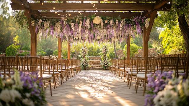 Suspended Blooms Garden ceremony under a wooden pergola with cascading wisteria and white florals, string lights, chiavari chairs, and a petal strewn aisle