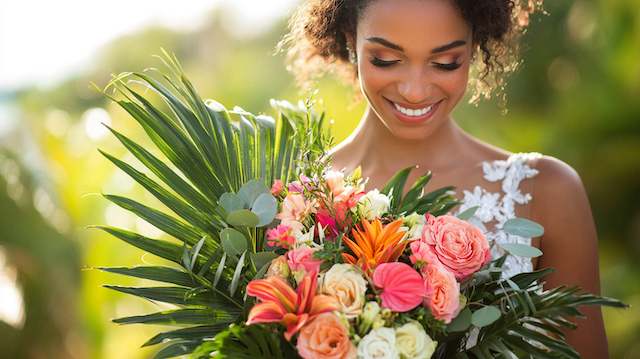 Tropical Leaf Bridal Bouquet Bride holding tropical leaf bouquet with palm fronds, coral and orange flowers, creating a vibrant and exotic wedding look