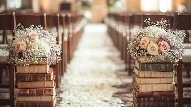 Vintage Books Outdoor garden wedding aisle with white chairs, blush chiffon ribbons and rose greenery arrangements, white runner leading to a floral arch at sunset