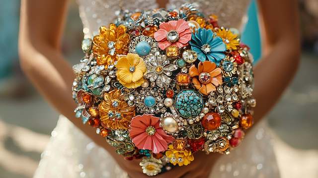 Vintage Brooch Bridal Bouquet Colorful vintage brooch bridal bouquet made of jeweled flowers, pearls, and rhinestones, adding sparkle and personality to the wedding look