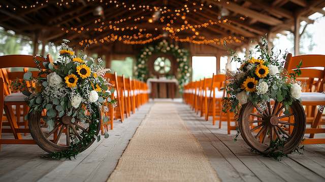 Wagon Wheels Rustic pavilion ceremony aisle with burlap runner, wagon wheels trimmed with sunflowers and greenery, orange chairs, warm string lights.