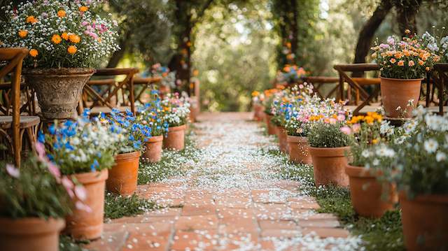 Wildflower Aisle Terracotta pots of colorful wildflowers line a garden wedding aisle on rustic brick with scattered petals and wooden chairs