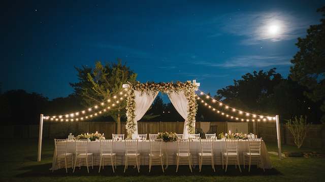backyard night wedding A beautiful outdoor backyard wedding setup at night with string lights, white chairs, and a floral arch, under a starry sky and moon
