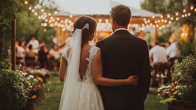 Bride and groom standing with their backs to the camera, enjoying a backyard night wedding with string lights and a festive atmosphere backyard night wedding bride and groom and crowd