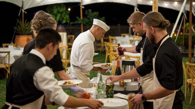 backyard night wedding catering staff Wedding catering staff serving food at a backyard wedding with a tent, dressed in black shirts and aprons