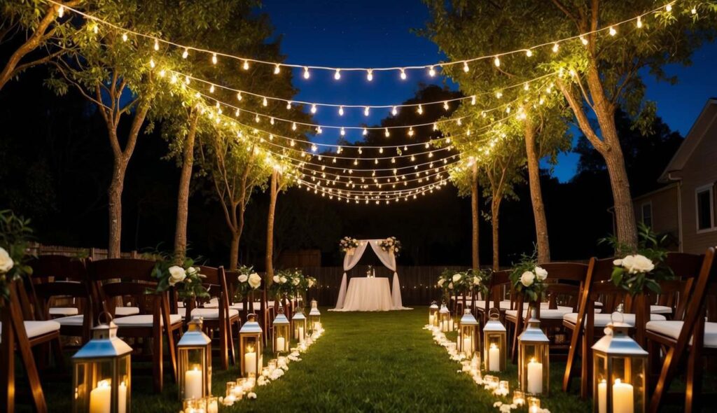 backyard night wedding ceremony Backyard night wedding ceremony with string lights, lanterns, and white chairs set up for the event