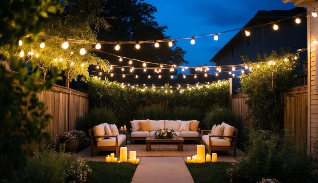 backyard night wedding comfortable setting copy Cozy backyard setup with string lights, candles, and comfortable seating for a relaxed night wedding atmosphere