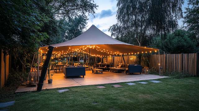 backyard night wedding tent to protect from weather Backyard wedding tent with string lights creating a cozy atmosphere, perfect for a night-time celebration