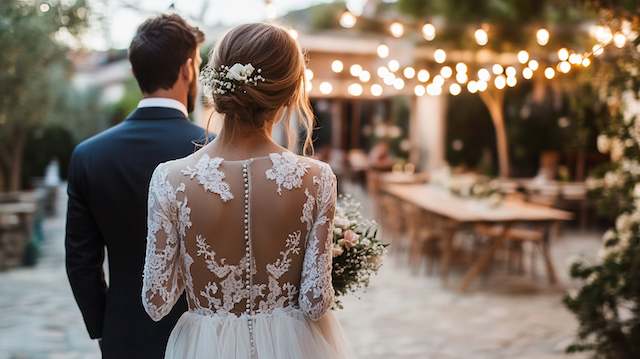 bride and groom attire Bride and groom standing together, with soft string lights glowing in the background at their backyard wedding