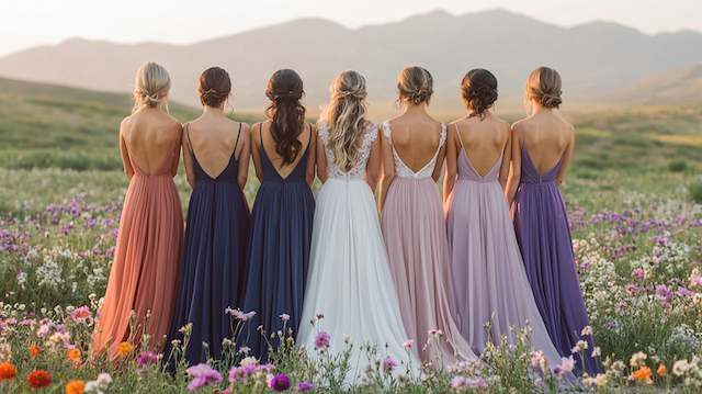 Bride with six bridesmaids in backless mix and match gowns in peach navy lilac and purple standing in a wildflower meadow at sunset.