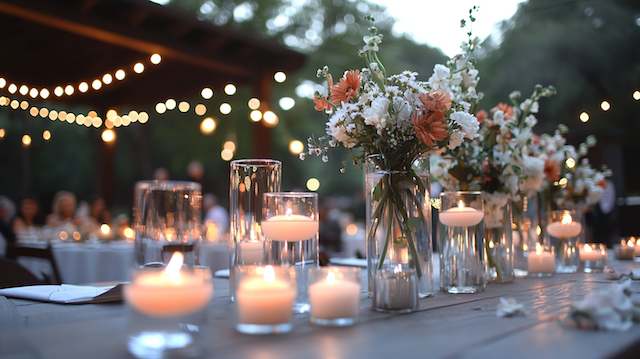 candles on dinner tables at backyard night wedding Elegant floral arrangements and candles on tables illuminated by string lights at a backyard night wedding reception