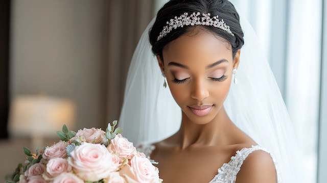 Bride with crystal tiara and veil looking down, natural makeup and drop earrings, holding blush bouquet by window light.