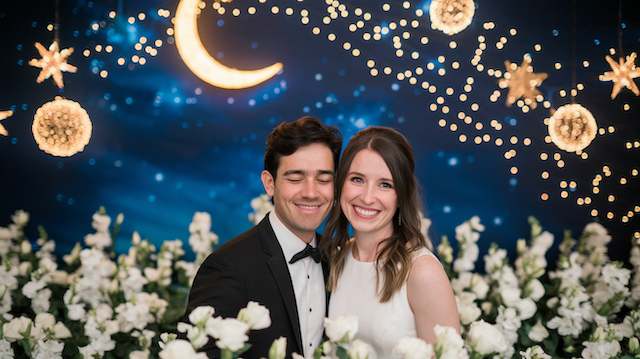 Smiling bride and groom amid white florals, crescent moon and starry lights behind them, romantic celestial wedding backdrop.