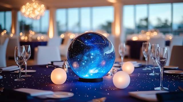 Navy table with star speckled linen, glowing galaxy globe centerpiece, orb lights, flutes, white chairs, warm uplighting.