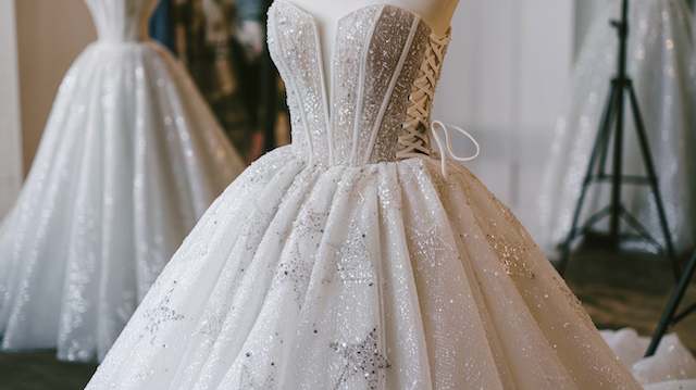 Sparkling celestial ballgown wedding dress with structured corset bodice, lace up back, and star sequin tulle skirt displayed in a studio.