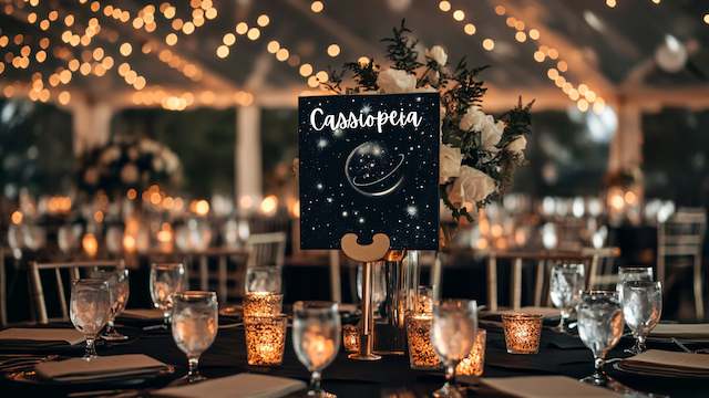 star constellation Cassiopeia table sign on navy linen, twinkle string lights above, gold votive candles, water glasses, and a white rose centerpiece