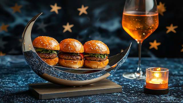 Mini sliders on a crescent moon tray with starry backdrop, amber cocktail, and candle light, a celestial wedding snack display.