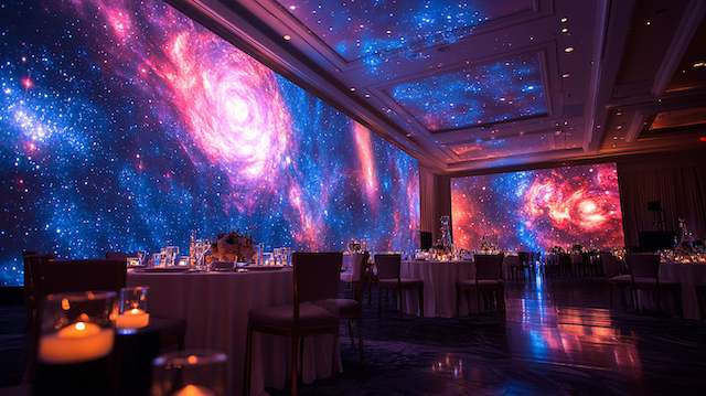 Projection mapped ballroom with galaxy visuals on walls and ceiling, pink and blue nebula glow above candlelit round tables and elegant settings.