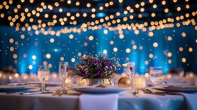 Warm string lights overhead, blue uplighting, purple centerpiece, gold votives, goblets, and starry accents on white linens.