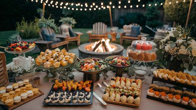food display for backyard night wedding Variety of appetizers including fruits, cupcakes, and desserts displayed on tables at a backyard night wedding with a fire pit and string lights