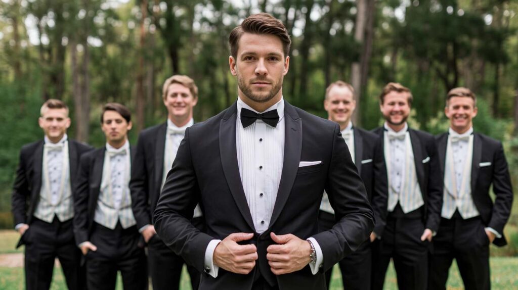 groom and groomsmen in tuxedos groom and groomsmen in tuxedos posing for camera