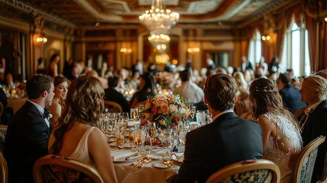 guest list guests seated for dinner at a wedding reception