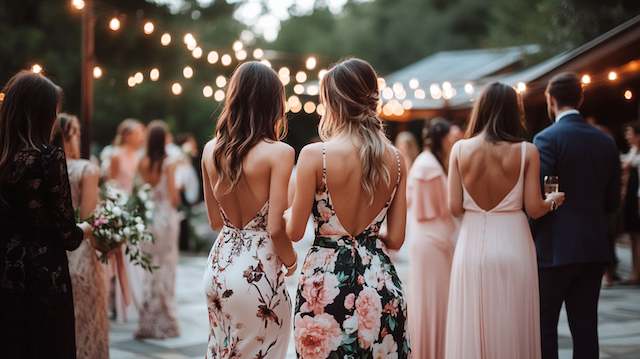 guests attire at backyard night wedding Guests dressed in floral and formal attire at a backyard wedding, illuminated by string lights.