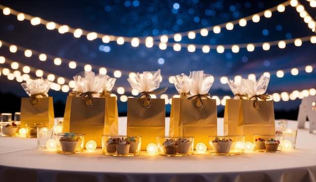 guests favors for backyard night wedding Wedding favors in gold gift bags with cupcakes and string lights at a backyard night wedding