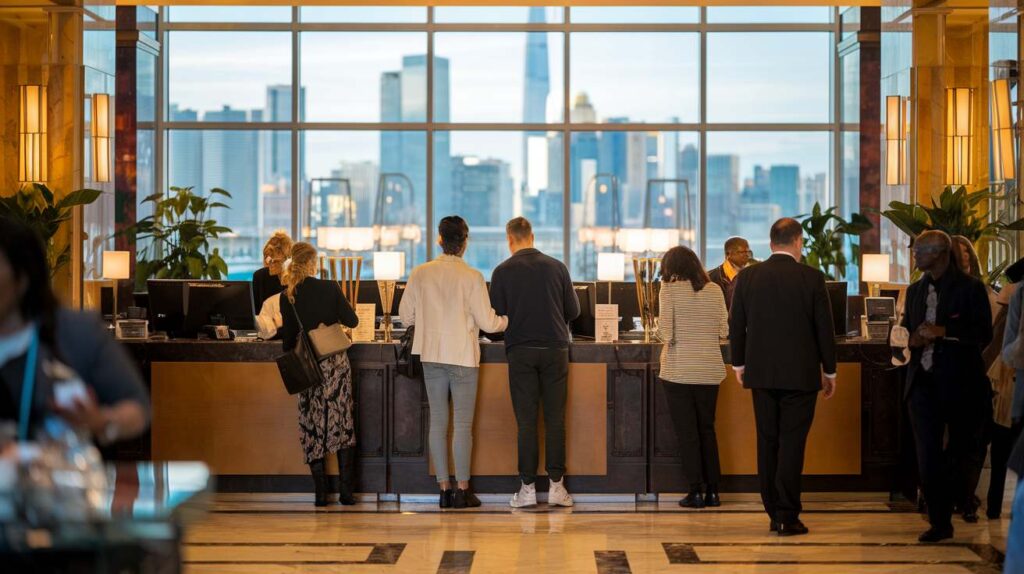 hotel room block guests checking in at front desk