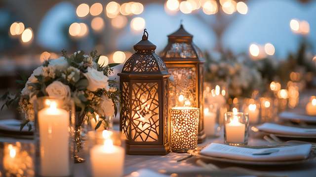 lanterns for backyard nigh wedding Elegant lanterns and candles adorning a wedding reception table with soft lighting for a romantic ambiance
