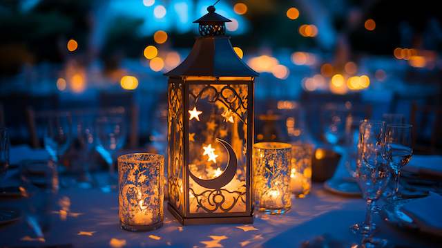 Moon and star cutout lantern centerpiece, glowing votives, blue uplighting, glassware, and bokeh lights on a celestial table.