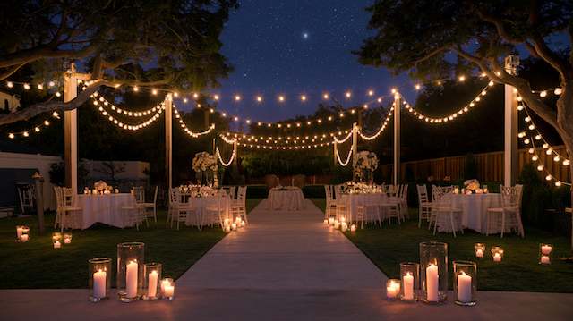 lighting for backyard night wedding Backyard night wedding setup with string lights, tables, and candles creating a magical atmosphere