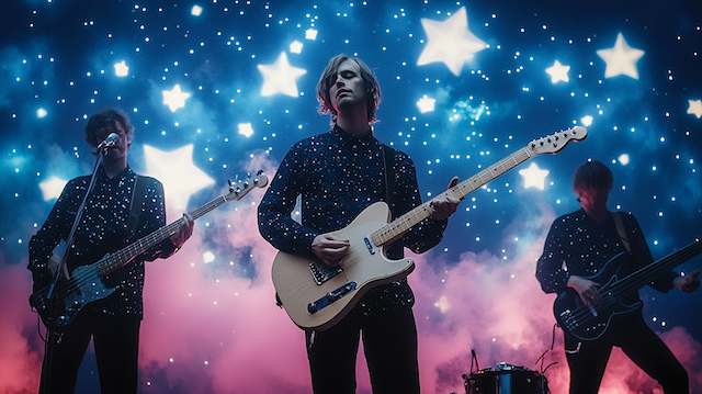 Live band performing under starry night backdrop, guitarists in constellation shirts amid dreamy fog, celestial themed wedding entertainment.