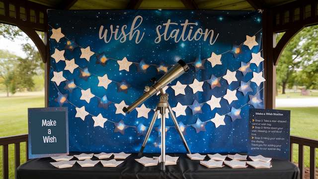 Wish Station backdrop with navy starry sky, telescope on tripod, star shaped cards and Make a Wish signs on table in a gazebo.