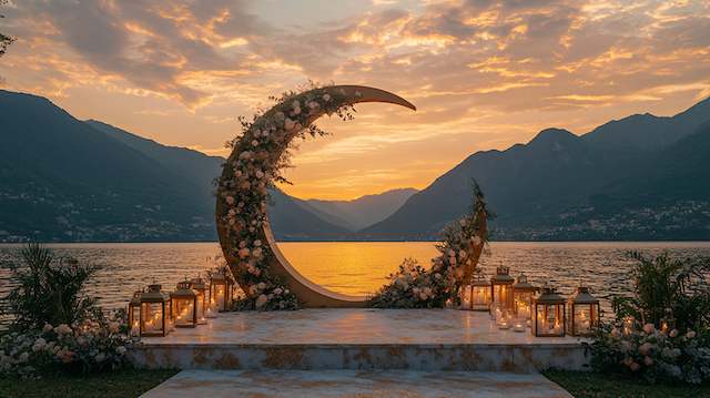 Sunset lakeside ceremony with a crescent moon floral arch, glowing lanterns, and mountains framing water for a dreamy vibe.