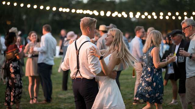 How to Plan A Backyard Night Wedding: 14 Essential Tips 1 Couple dancing at a backyard wedding celebration under string lights with guests enjoying in the background