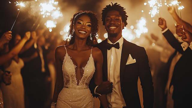 Newlyweds smile arm in arm in a sparkler exit as guests raise sparklers around them, the scene glowing in warm golden light.