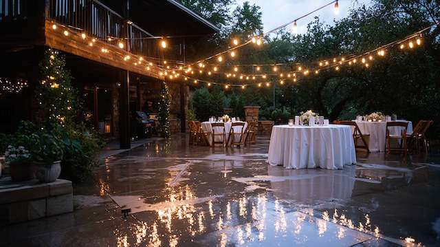 rain during backyard night wedding Backyard wedding reception with string lights reflecting on wet pavement, creating a warm and romantic ambiance