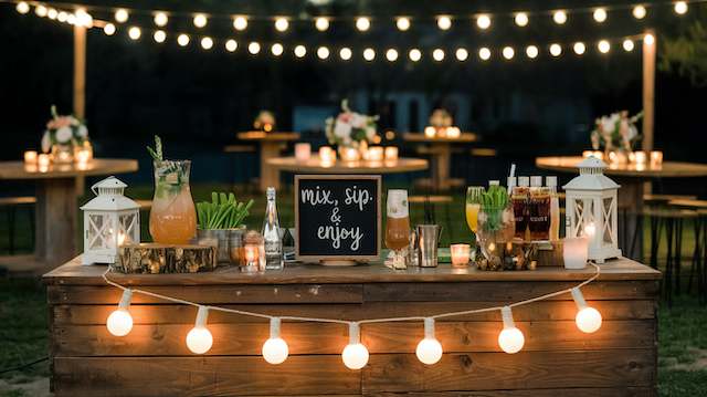 self serve bar at backyard night wedding Outdoor wedding bar with string lights and a 'mix, sip & enjoy' sign, offering cocktails and beverages in a cozy backyard setting