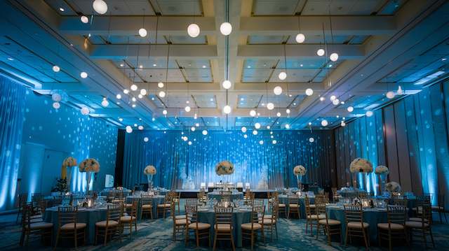 Ballroom reception with hanging orb lights, blue uplighting, starry projections, round tables and white floral centerpieces.