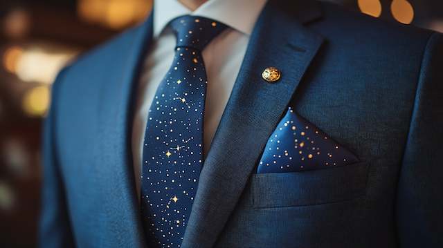 Navy suit with white shirt, constellation print tie and matching pocket square, gold lapel pin, warm bokeh lights for a celestial vibe.