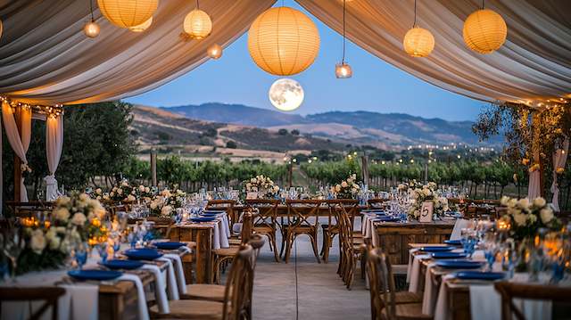 Vineyard reception under draped canopy with glowing lanterns blue plates white florals and a full moon above rolling hills